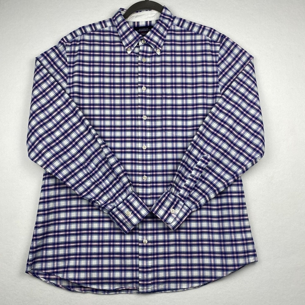 Charles Tyrwhitt Men's Size L Slim Fit  Blue White Pink Plaid Button Down Shirt